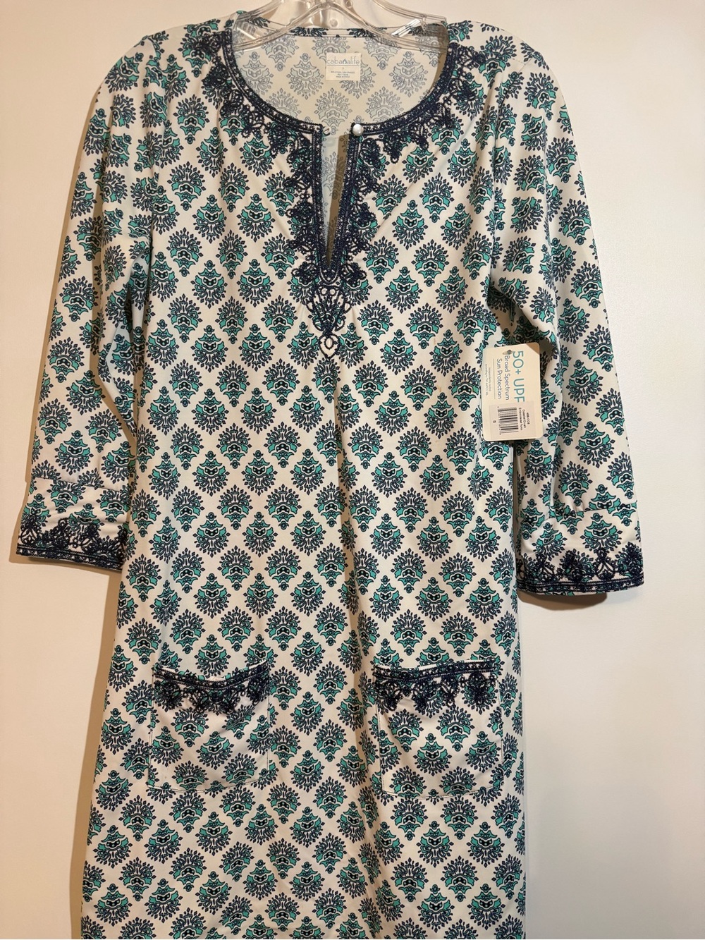 Cabana Life White Teal Navy Printed Tunic Dress